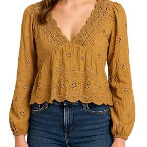 Rachel Zoe Boho Embroidered Peasant Blouse Top Eyelet V-neck BIllow Sleeves